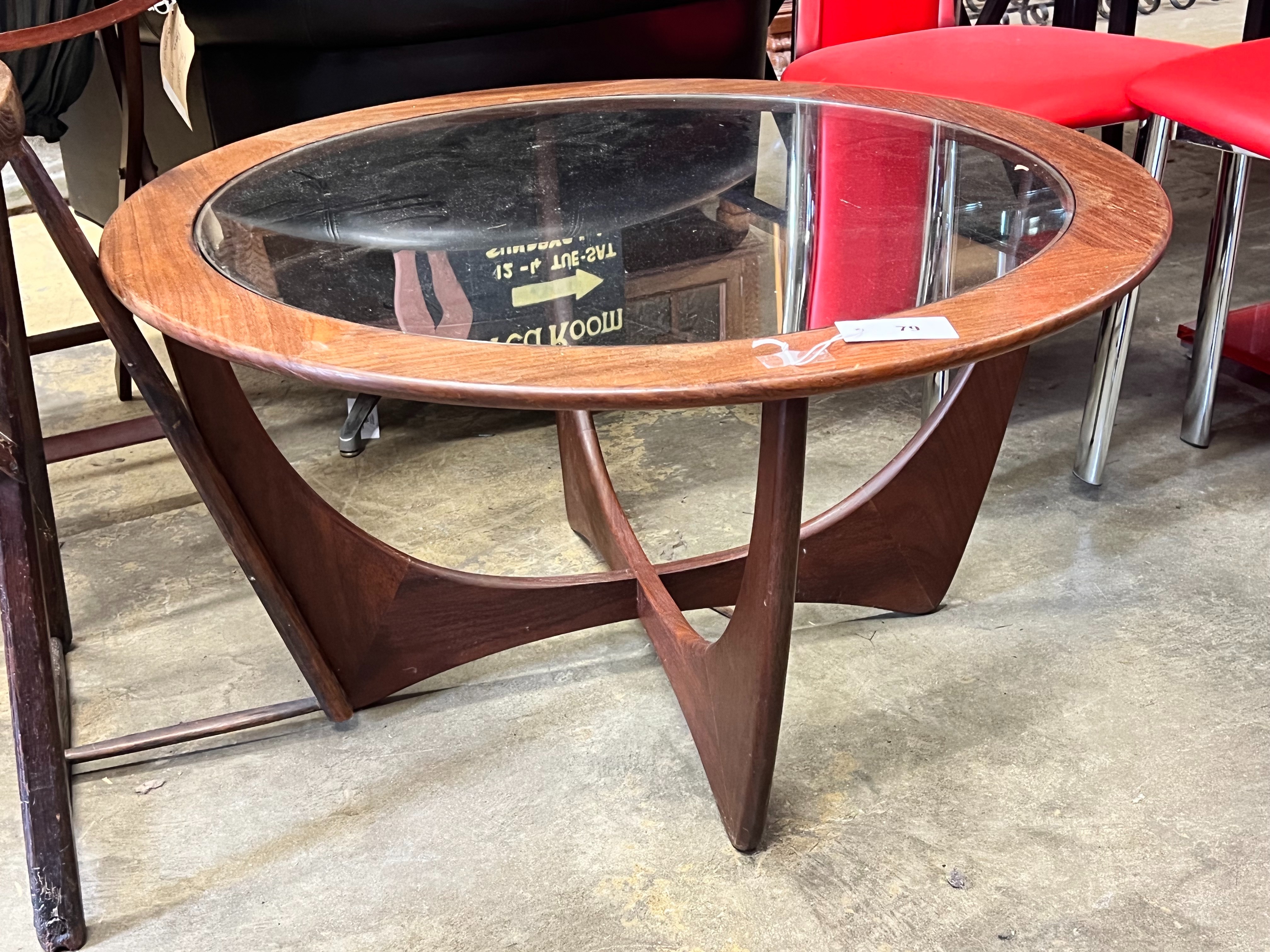 A circular G plan glass top teak coffee table, diameter 84cm height 46cm